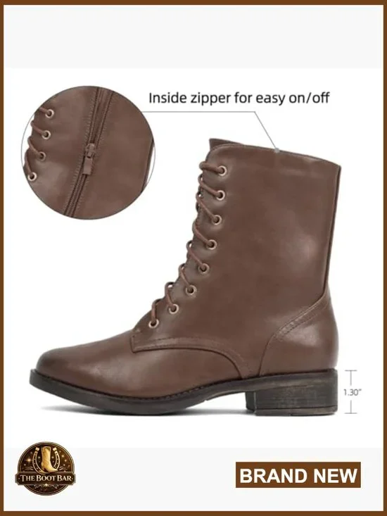 Women's Mid Calf Combat Boots Lace-Up Zipper Low Heel Faux Leather - Picture 3 of 7